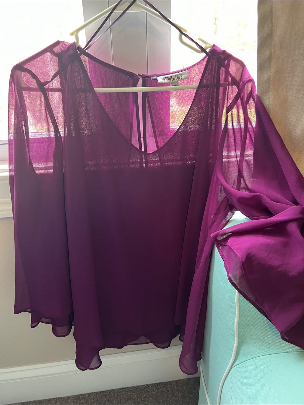 Jennifer Lopez Deep Magenta Sheer Long-Sleeve Blouse